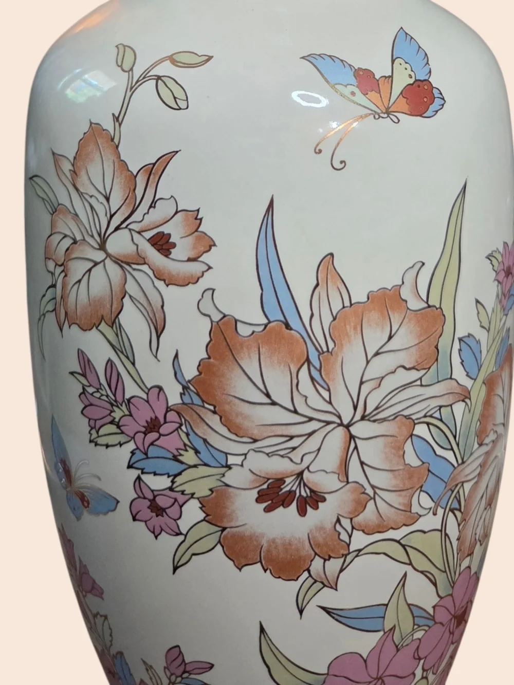 ​Vintage White Ceramic Floral Vase Gold Trim Butterfly Decor 12